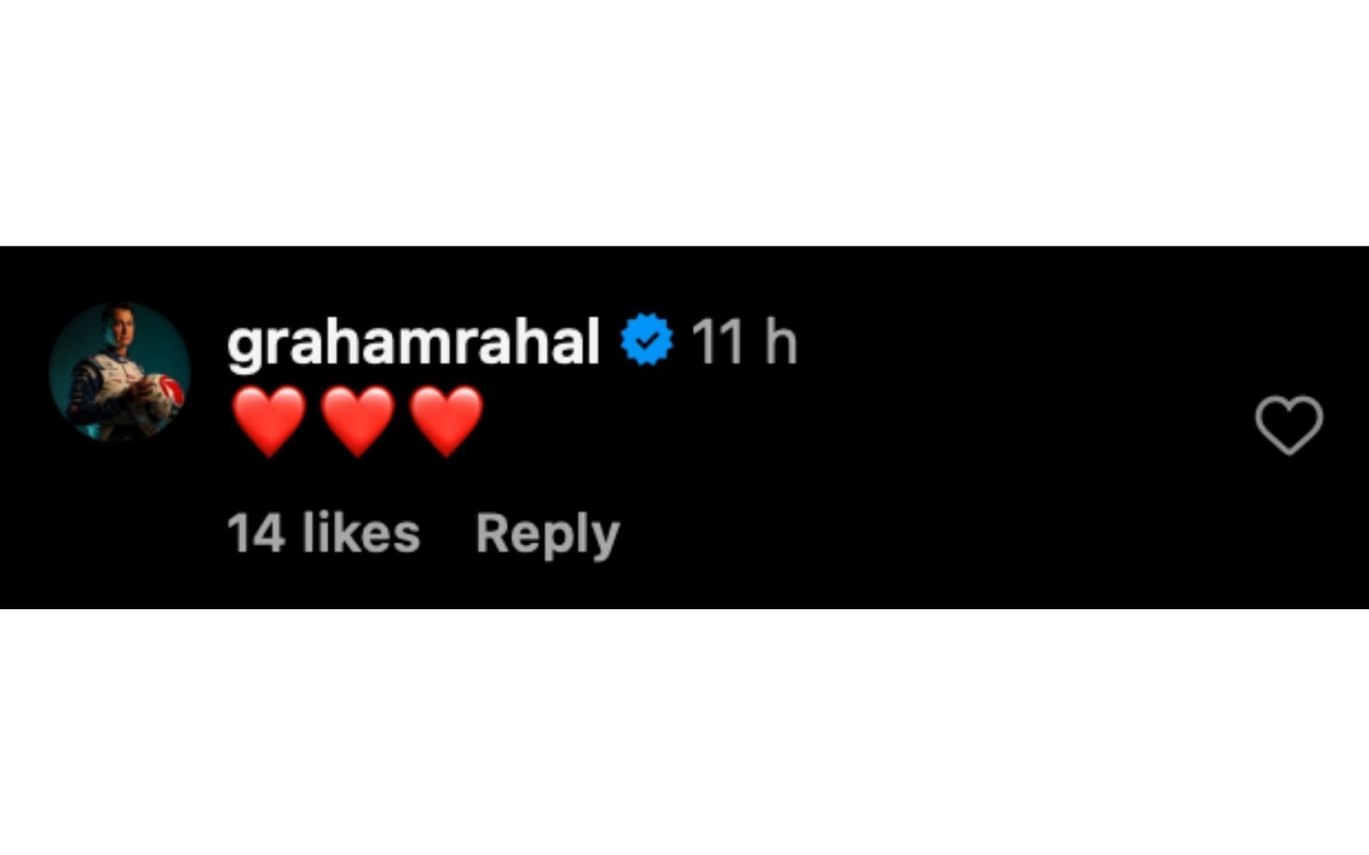 Graham Rahal's comment on Brittany Force's Instagram post | Source: Instagram